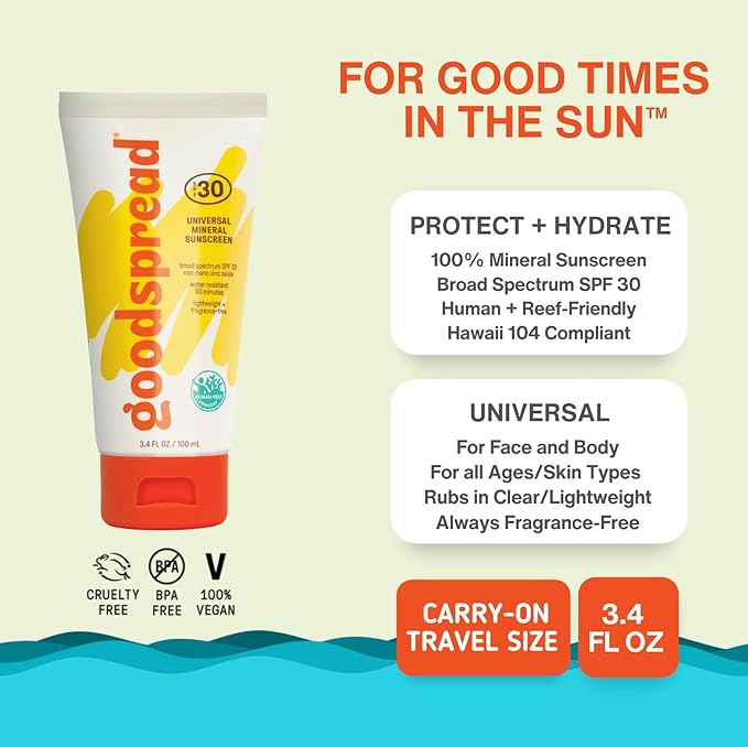 Goodspread Mineral Sunscreen SPF 30 – Reef-Safe, Non-Nano Zinc Oxide, Water-Resistant, Hawaii Compliant, Rubs in Clear, Face & Body, Adults & Kids