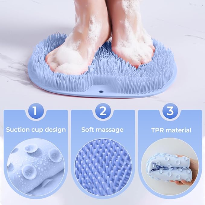 Shower Foot Scrubber Mat with Non-Slip Suction Cups, Non Slip Bathtub and Shower Mat with Suction Cups and Drain Holes, Foot Back Cleaning Pad Back Washer Exfoliating Bath Wash Pad (Pink)