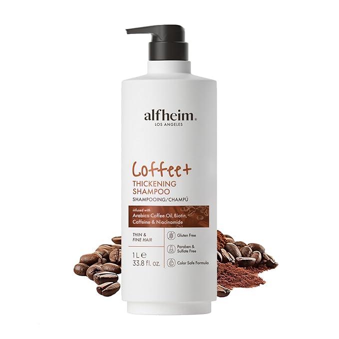 ALFHEIM Coffee+ Thickening Shampoo for Fine, Thin & Weak Hair with Caffeine, Biotin & Arabica Coffee Oil, Energizing, Strengthening & Volumizing Cleanser, Paraben-Free, Sulfate-Free, 33.8 oz / 1000 ml