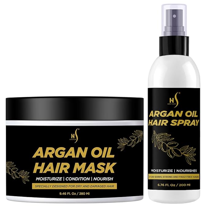 HerStyler Argan Oil Hair Mask 9.46 FL OZ and Argan Oil Hair Spray 6.76 FL OZ, Deep Conditioning Hair Mask and Anti Frizz Hair Spray Set