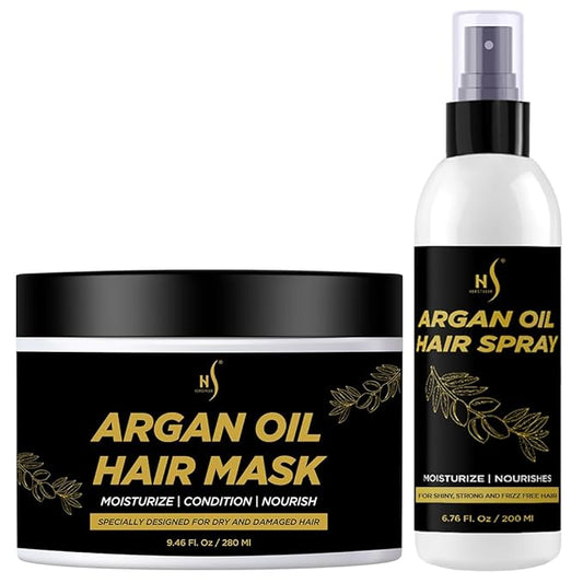HerStyler Argan Oil Hair Mask 9.46 FL OZ and Argan Oil Hair Spray 6.76 FL OZ, Deep Conditioning Hair Mask and Anti Frizz Hair Spray Set