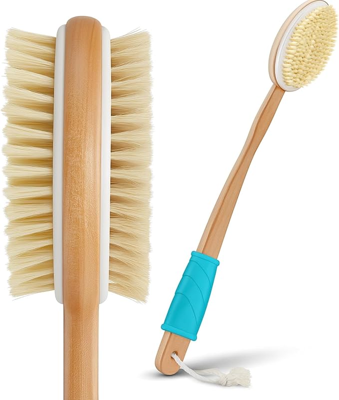 Vive Back Scrubber for Shower – Long Handle Dry Brushing Body Brush with Soft & Stiff Bristles – Exfoliating Shower Loofah & Bath Scrubber Cleaner for Women, Men, Elderly – Antiskid Grip