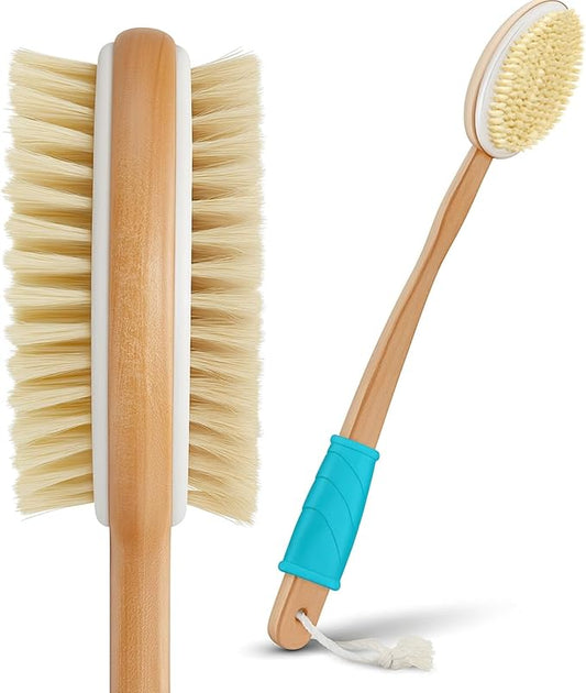 Vive Back Scrubber for Shower – Long Handle Dry Brushing Body Brush with Soft & Stiff Bristles – Exfoliating Shower Loofah & Bath Scrubber Cleaner for Women, Men, Elderly – Antiskid Grip