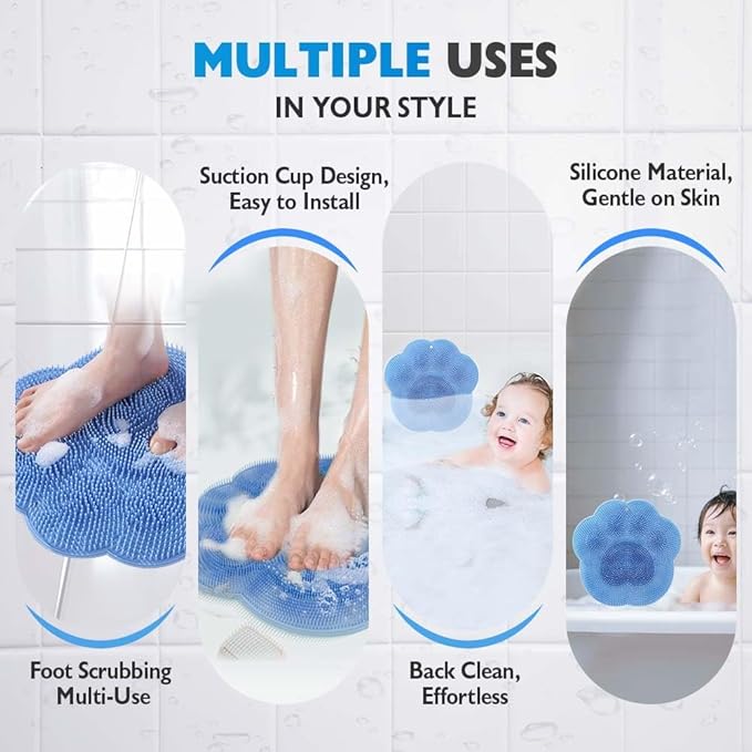 Silicone Shower Foot Scrubber Mat, 2025 New Wall Mounted Foot Back Cleaning Pad Back Washer Exfoliating Bath Wash Pad, Upgrade Shower Foot Back Scrubber Massage Pad (Blue)