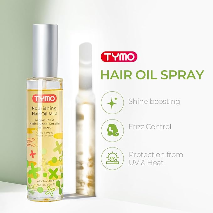 TYMO Argan Hair Oil Spray - Hydrating Natural 6 Blend Oil for Frizzy & Dry Hair, Organic Pure Formula, Daily Use for Hair, Smooth Damaged Ends, Olive Oil Infused, Add Shine