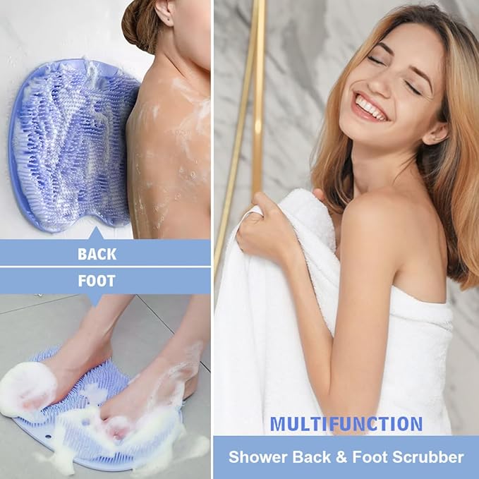 1 Pcs Shower Back & Foot Scrubber,Wall Mounted Back Scrubber Silicone Bath Massage Cushion Brush with Suction Cups,Bathroom Wash Foot Mat Exfoliating Dead Skin Foot Brush (L-Blue)
