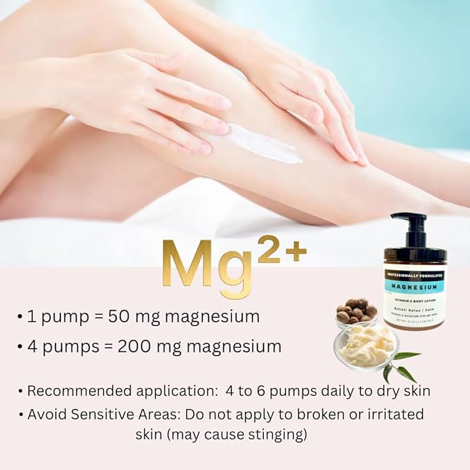 Magnesium & Vitamin E with Shea butter Body Lotion. Muscle Relief and Relaxation, supple, reducing Cramps and the effects of cracked Made in USA with Organic Ingredients