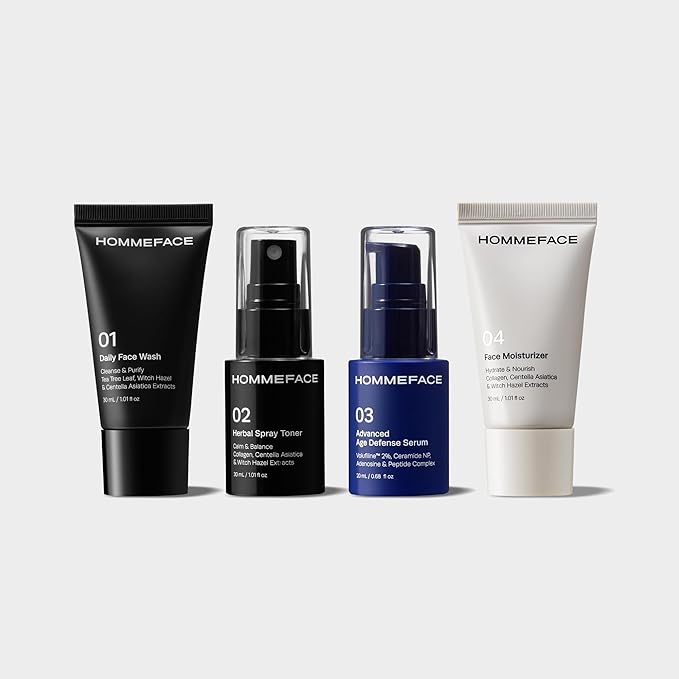 HOMMEFACE Men's First Class Skincare Essentials Travel Kit with Toiletry Bag, 4 Pieces - TSA Approved with Daily Face Wash, Spray Toner, Serum & Moisturizer