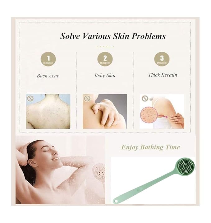 Silicone Body Scrubber - Long Handle Exfoliating Shower Brush for Men, Women & Kids - Free Hook