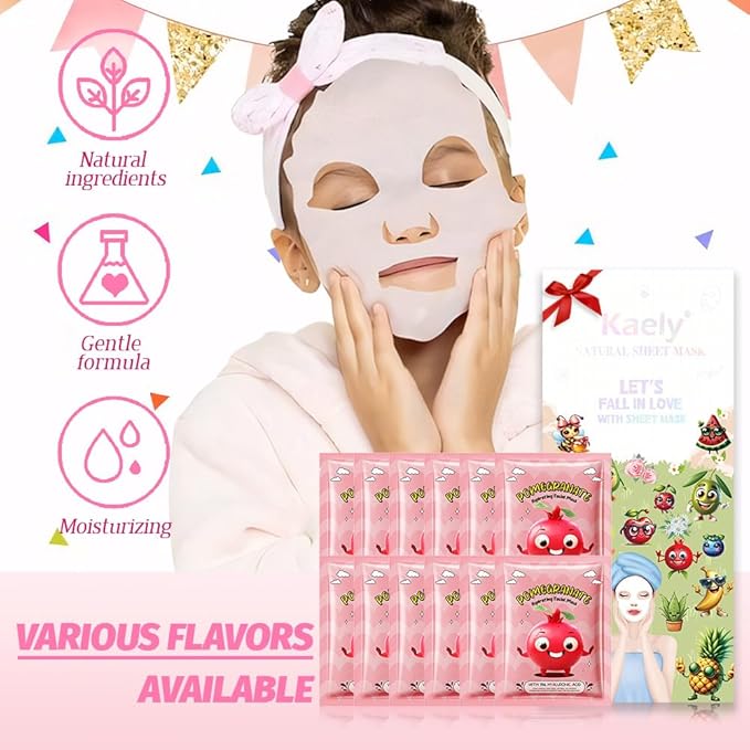 12 Pack Kids Face Masks for Kids Girls Spa, Girls Kids Facial Spa Day Slumber Sleepover Birthday Party Favors Supplies Kit for Girl, Kid Friendly Facial Face Masks Bulk Skincare for Kid, Pomegranate