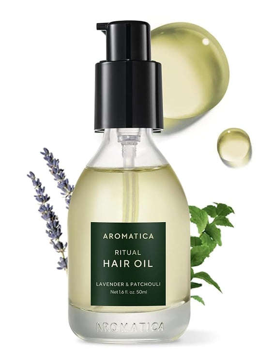 AROMATICA Ritual Lavender & Patchouli Hair Oil - Adds Shine and Smooths Split Ends - Blow Out Hair Serum for Damaged & Frizzy Hair - Nourishing for Dry Curly Hair - Silicone-Free (1.6 fl oz)