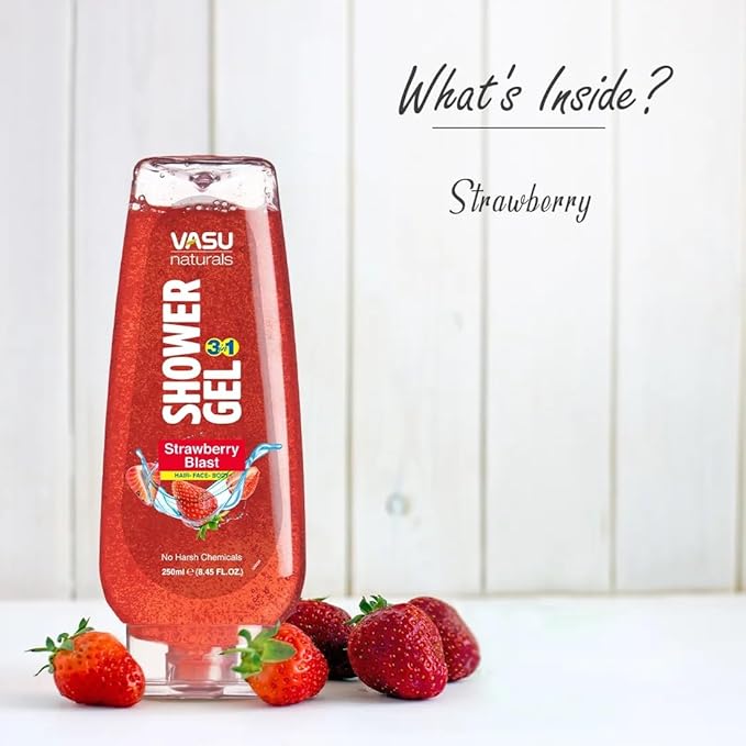 Vasu Naturals Shower Gel for Men & Women, Strawberry Body Wash, Pack of 2 (8.45 fl oz Each) – Gentle Daily Cleanser with Hydrating & Nourishing Formula, Refreshing Skin Care for All Skin Types