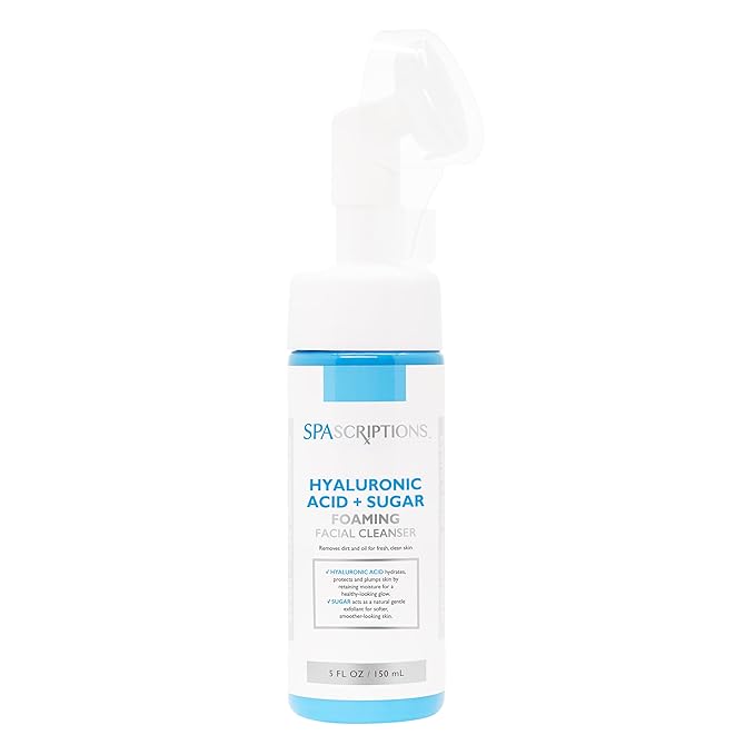 SpaScriptions Hyaluronic Acid + Sugar Foaming Facial Cleanser, pH Balanced, Non Comedogenic, Paraben Free, For All Skin Types, 5 fl oz / 150 mL