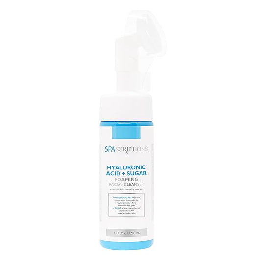 SpaScriptions Hyaluronic Acid + Sugar Foaming Facial Cleanser, pH Balanced, Non Comedogenic, Paraben Free, For All Skin Types, 5 fl oz / 150 mL