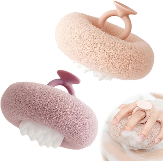 Super Soft Sunflower Suction Cup Bath Ball, 2025 New 2 in 1 Exfoliating Bath Sponge Cleaning Brush with Finger Rings, Sponge Mesh Pouf Shower Ball for Women & Men (Purple+Apricot)