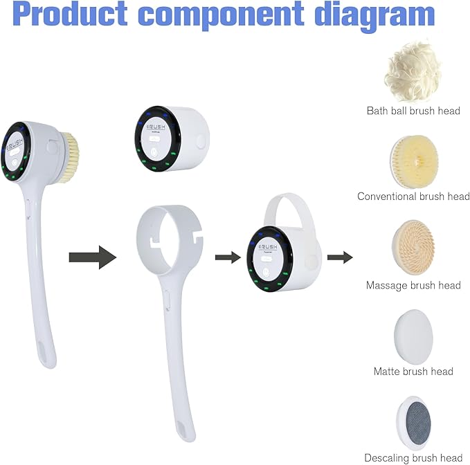 Electric Body Brush Back Scrubber - Waterproof Long Handle 5-in-1 Rechargeable Bath Brush with 3 Speed Modes, Exfoliating & Massaging Shower Brush for Body (White)