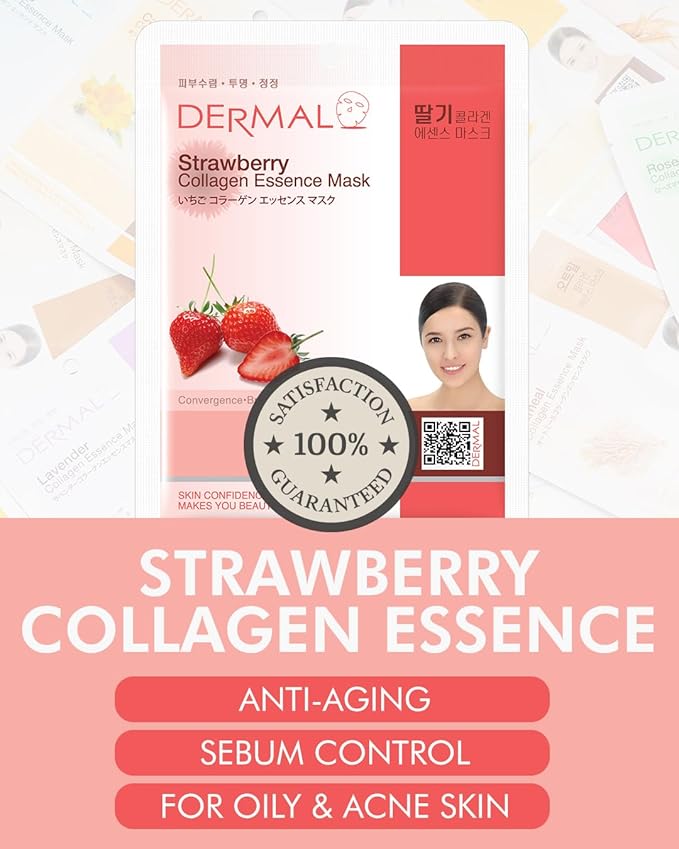 DERMAL Strawberry Collagen Essence Facial Mask Sheet 23g Pack of 10 - Pore Tightening & Sebum Control for Oily Skin, Hydrating Daily Skin Treatment Solution Sheet Mask