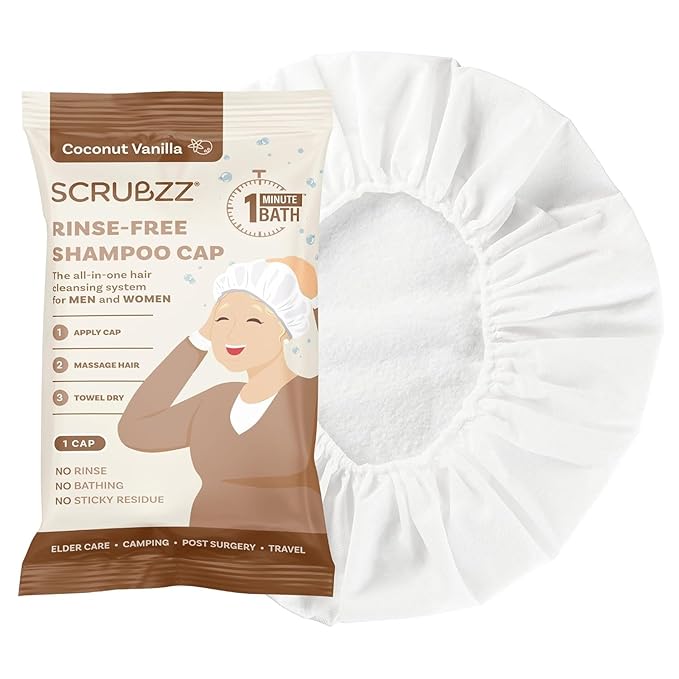 Scrubzz Shampoo Cap No Rinse for Elderly and Bedridden Patients, Rinse Free Shampoo Cap for Post Surgery and Hospital Stays, Waterless Hair Washing Shower Caps - Coconut Vanilla - 1 Pack