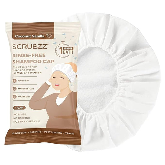 Scrubzz Shampoo Cap No Rinse for Elderly and Bedridden Patients, Rinse Free Shampoo Cap for Post Surgery and Hospital Stays, Waterless Hair Washing Shower Caps - Coconut Vanilla - 1 Pack