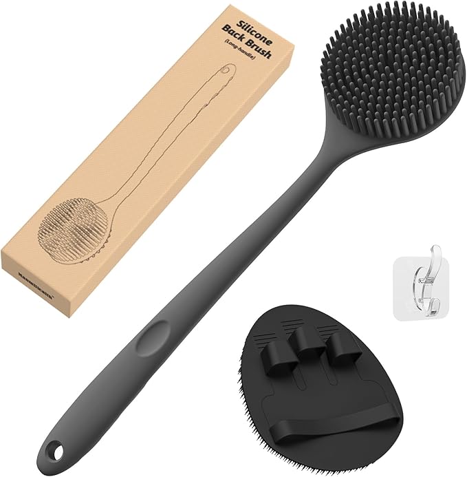 Manmihealth Silicone Back Scrubber(Thick Bristles) & Soft Bath Glove Set, Super-Exfoliating Body Scrubber & Super-Lathering Shower Brush Combination, with a Free Hook.(Black)