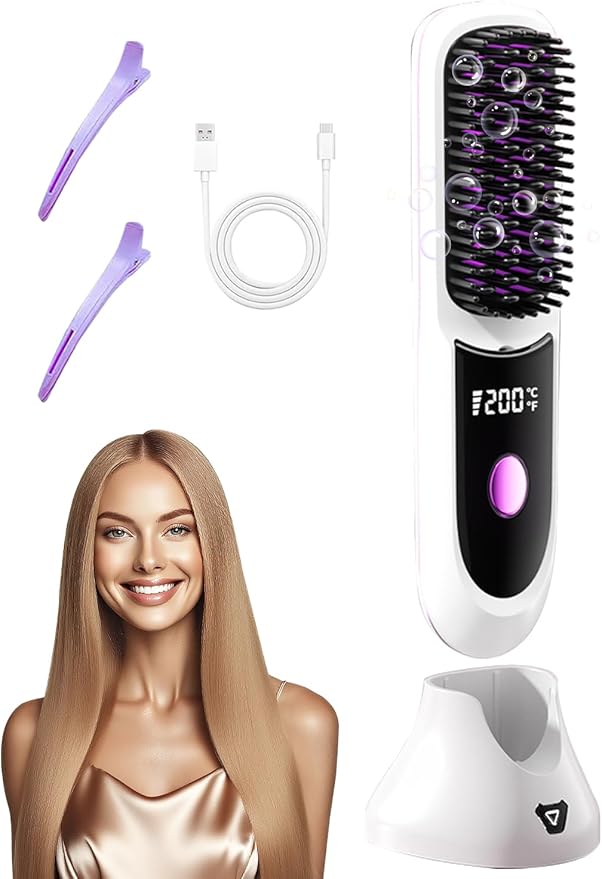 Go Brush Pro Hair Straightener – Cordless Comb with Base Negative Ion, 6000mAh Fast Heating & Portable Travel Design, Rechargeable Brush for Straightening and Curling (White-1Pcs)