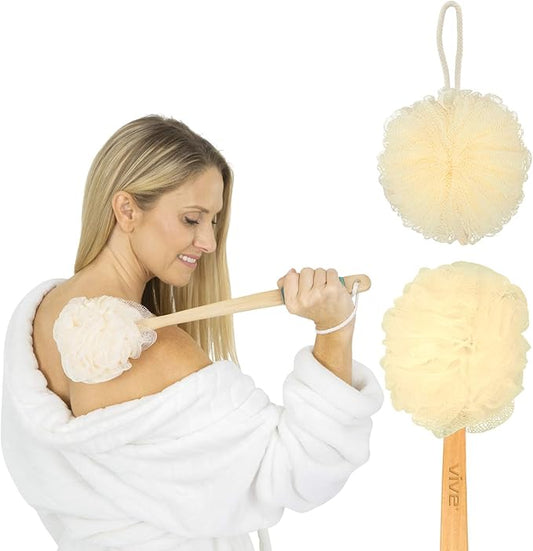 Vive 17” Shower Loofah with Long Handle - Exfoliating Back & Body Scrubber for Men & Women - Luffa Sponge on a Stick for Bathing, Cleaning - Includes Extra Handheld Lufa, Hook & String to Hang on Wall