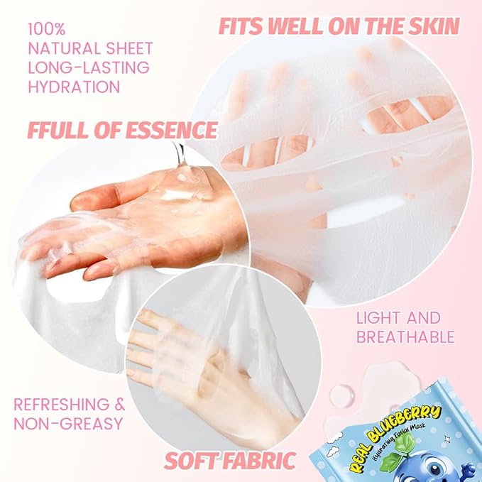 8 PCS Real Hydrating Nature Face Masks Skincare, Hyaluronic Acid, Vitamin C and E, Chamomile, Korean Beauty Essence Facial Paper Sheet Mask for Skin Care Moisturizing (Blueberry)