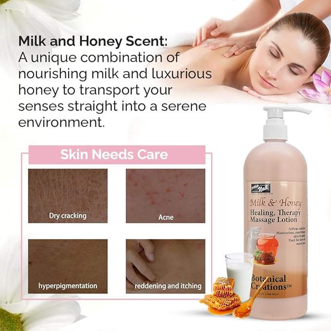 PRO NAIL - Healing Therapy Massage Lotion - Professional Pedicure, Body and Hot Oil Manicure, Infused with Natural Oils, Vitamins, Panthenol and Amino Acids (Milk and Honey, 32 Ounce)