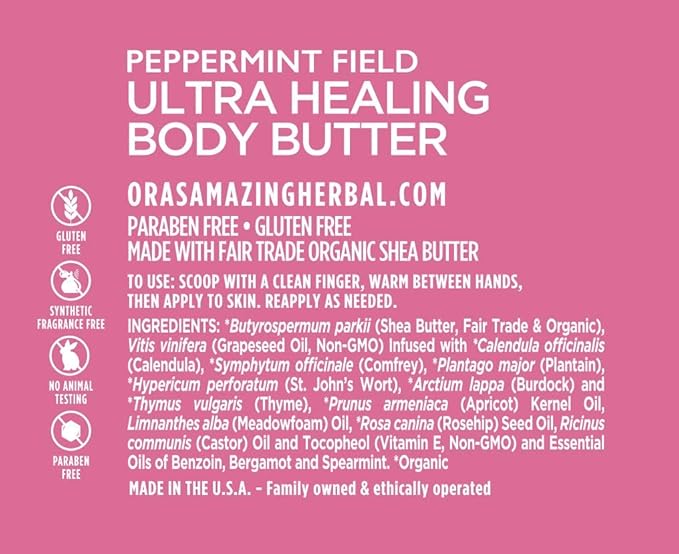Ora's Amazing Herbal Ultra Healing Body Butter, Intensive Moisturizer For Dry Skin, Spearmint & Bergamot Essential Oil, 2 oz, Peppermint Field Scent