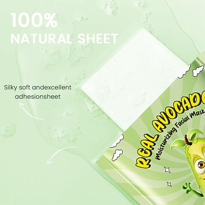 8 PCS Real Hydrating Nature Face Masks Skincare, Hyaluronic Acid, Vitamin C and E, Chamomile, Korean Beauty Essence Facial Paper Sheet Mask for Skin Care Moisturizing (Avocado)