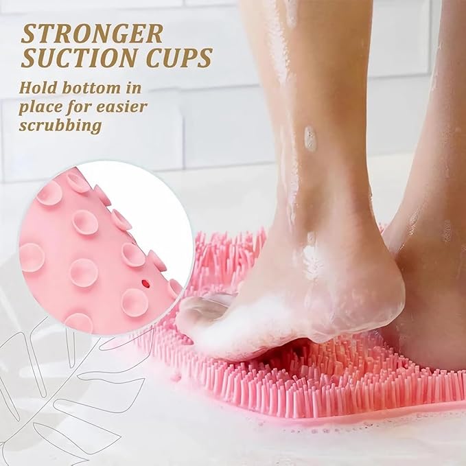 Shower Foot & Back Scrubber, Massage Pad with Suction Cups & Pumice Stone, Multi-Surface Silicone Bath Mat for Exfoliating and Massaging in Shower or Bathtub, 9.8x11.8 Inch (Pink)
