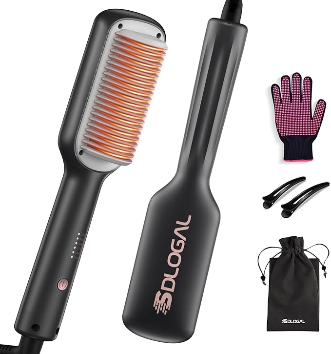 SDLOGAL Hair Straightener Brush, Straightening Comb with 5 Temps & Fast Heating, Easy & Fast Salon-Style, Plus Dual Voltage Travel Friendly
