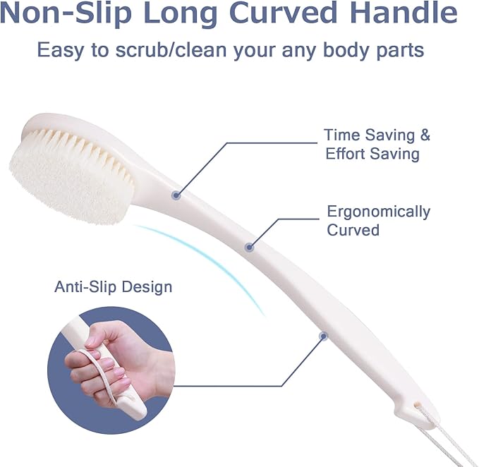 Bath Brush Long Handle for Shower, Soft Bristle Back Scrubber for Shower, Ergonomics Curved Long Handle Back Brush Exfoliating Body Scrubber with Hook and Lanyard-Cream White