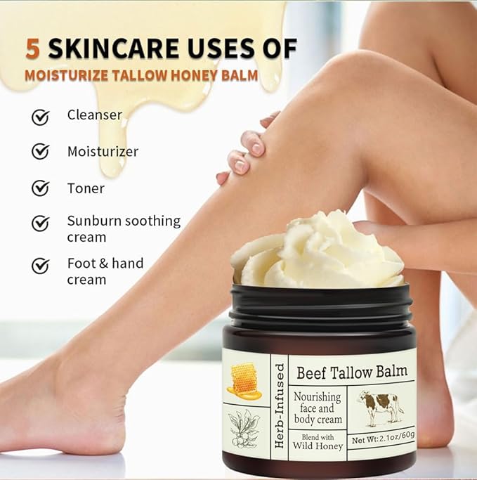 Beef Tallow For Skin – Natural Whipped Tallow and Honey Balm Face Moisturizer, Organic Grass-Fed Tallow, Deeply Nourishing Skin Balm for Face & Body, Moisturizing Cream for Dry Skin
