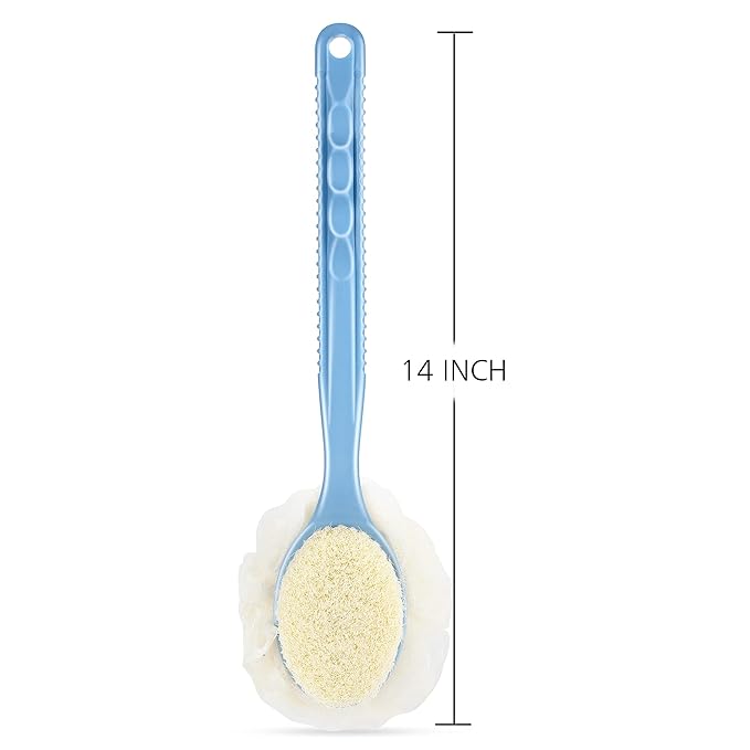 Shower Body Brush with Bristles and Loofah,Back Scrubber Bath Mesh Sponge with Curved Long Handle for Skin Exfoliating Bath, Massage Bristles Suitable for Wet or Dry, Men and Women (Grey)