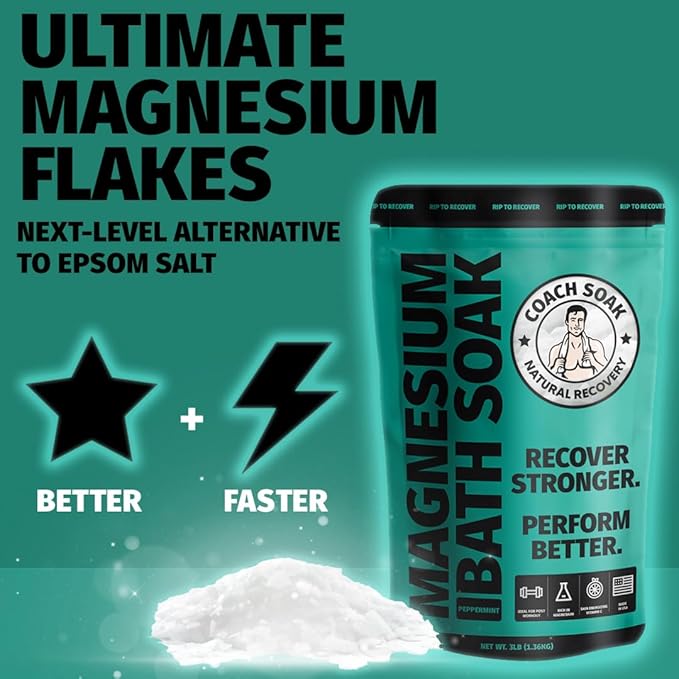 Coach Soak Recovery Bath Soak - Alternative to Epsom Salt Bath Soak - Fast-Absorbing Pure Magnesium Flakes with 21 Minerals, Bath Salts & Essential Oils - 9 lb (3 Pack) - Cooling Peppermint