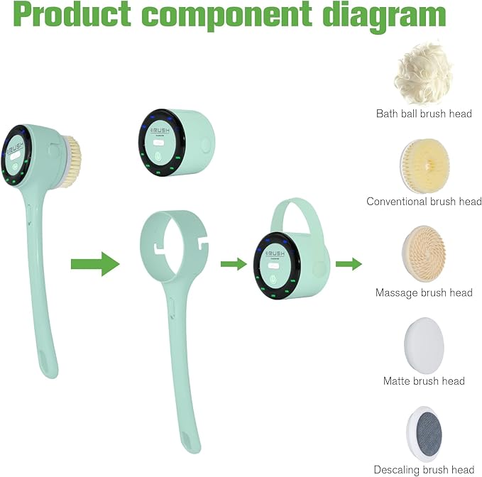 Electric Body Brush Back Scrubber, Waterproof Long-Handle 5-Head Electric Body Scrubber, Rechargeable Bath Brush and 3 Types of Speed Body scrubbe，for Cleaning Massaging and exfoliating (Green)