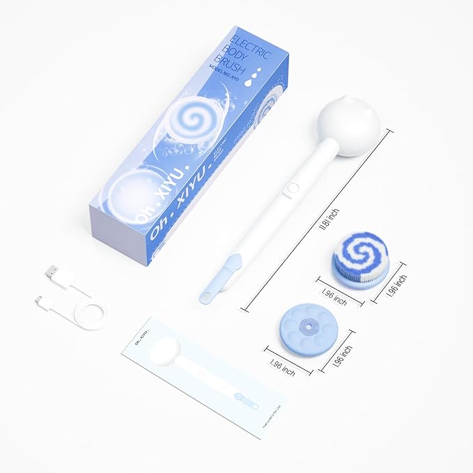 Electric Back Scrubber for Shower Body Brush, Waterproof Shower Body Scrubber for Cleansing, Massaging, Rechargeable Bath Brush for Kids & Adults with 2 Heads & 3 Speed Modes, Milk White XY0