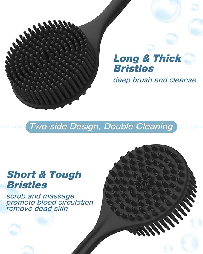 Manmihealth Silicone Back Scrubber & Soft Shower Brush, Silicone Scalp Massager, Wooden Foot Files Brush Set 7 PCS, Whole Body Scrubber & Shampoo Brush Combination, with 4 Free Hooks (Style 2 Black)