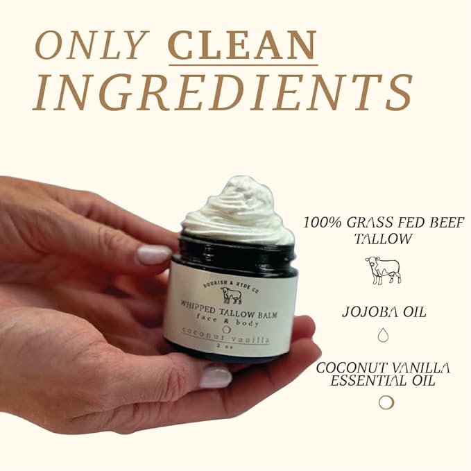 Nourish & Hyde Co. 100% Grass-Fed Tallow Whipped Balm & Lotion – 2 oz | Moisturizer for Face & Body | Beef Tallow for Skin | No Seed Oils, Handcrafted in USA (Coconut Vanilla)