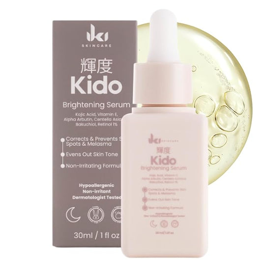 IKI Kido Brightening Serum - Reduces Dark Spots, Evens Skin Tone, Hydrates Deeply, Non-Irritating Formula, Kojic Acid, Alpha Arbutin, Retinol Serum for Face, Centella Asiatica, & Vitamin E