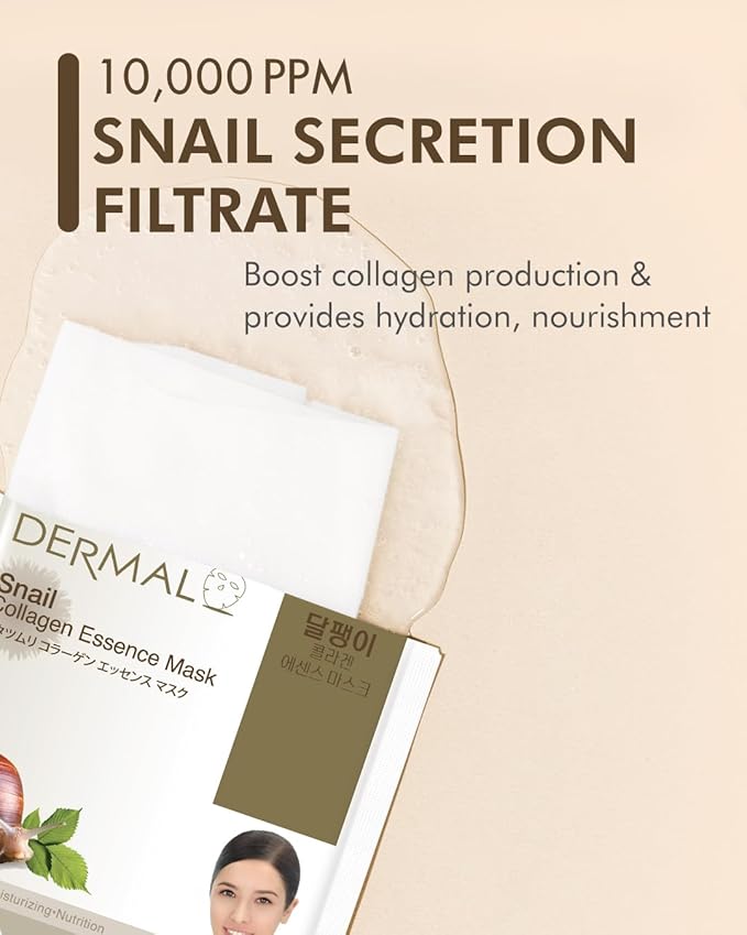DERMAL Snail Collagen Essence Facial Mask Sheet 23g Pack of 10 - Skin Regenerating & Trouble Care for Acne Prone Skin, Daily Skin Treatment Solution Sheet Mask