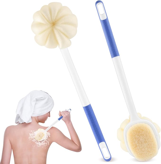 2 Pcs Long Handled Shower Brush Double Sided Bath Brush Massage Body Cleaning Mesh Sponge with Soft Bristles and Loofah for Skin Exfoliating Women Men - Blue