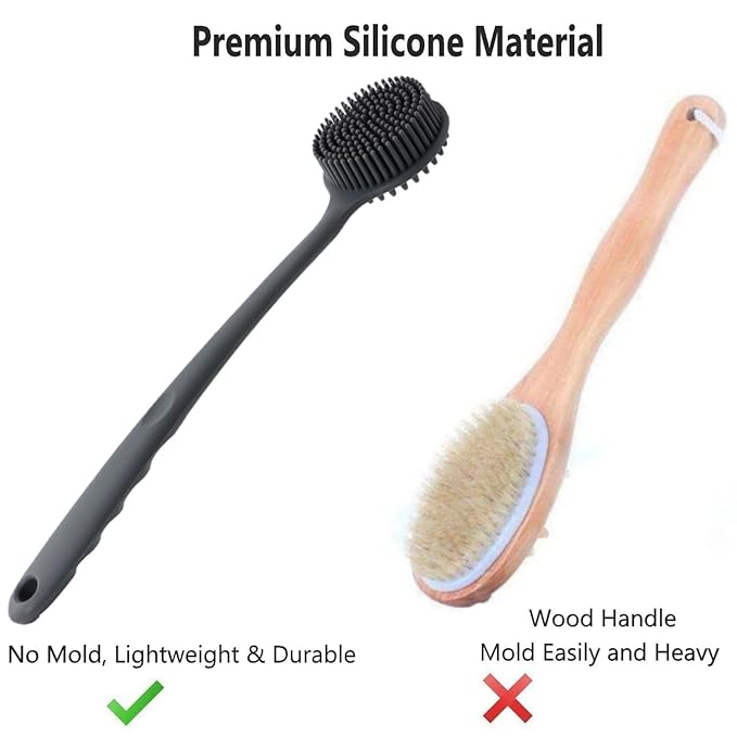 Silicone Body Scrubber With Long Handle for Shower - Exfoliating Back Brush for Men, Women & Kids - Soft Bath Scrubber With Free Hook