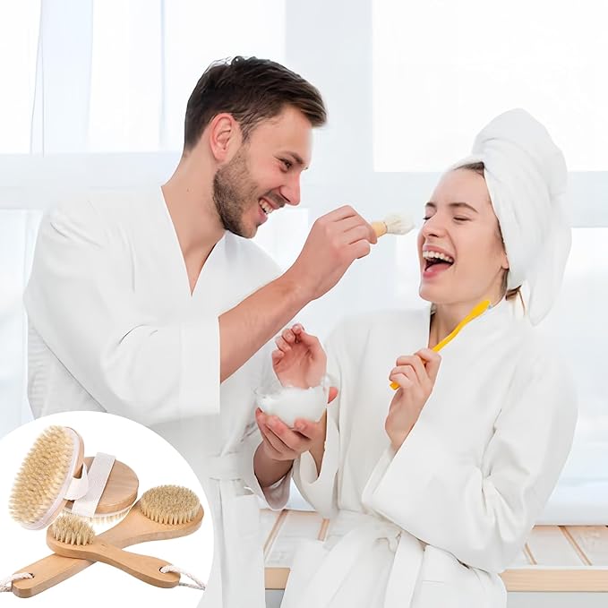 4Pcs Dry Brushing Body Brush Set, Dry Brush Natural Bristle for Back Massage Lipedema Shower Lymphatic Drainage and Cellulite Treatment Improve Blood Circulation, Bath Scrubber for Body