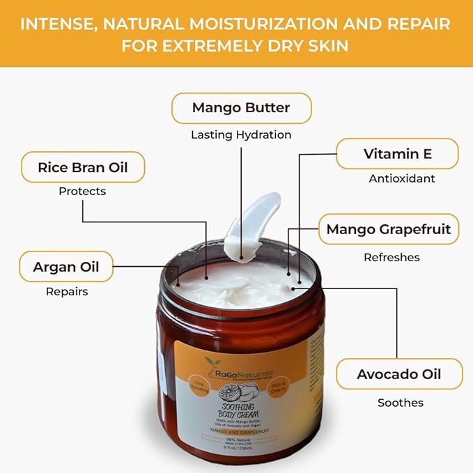 RaGaNaturals Mango Butter Hand & Body Cream for Dry Skin - All Natural, Tropical, Smell Good Moisturizer with Vitamin E and Avocado Oil - Non-Greasy, Vegan, Cruelty-Free Lotion for Women, Men - 8 Oz