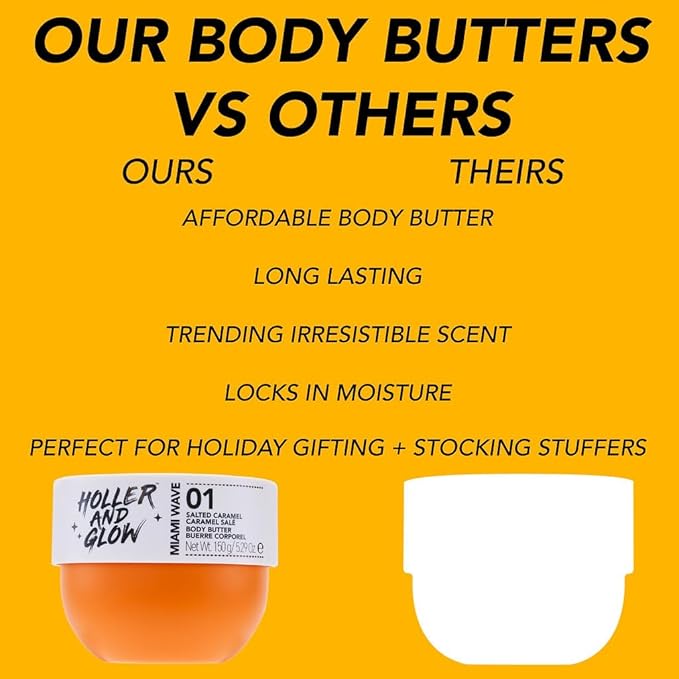 Holler And Glow Miami Wave Salted Caramel Body Butter, Body Butter For Women, Smells Good, Body Lotion For Extremely Dry Skin, Moisturizing, Nourishing, Shea Butter, Coconut, Vanilla Scented, 5.29 Oz