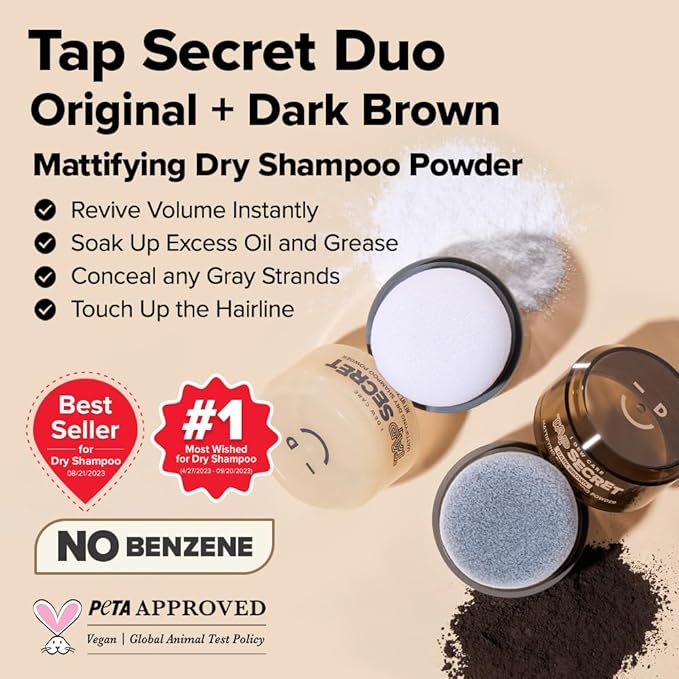 I DEW CARE Biotin Clarifying Dry Shampoo - Tap Secret Dark Original & Dark Brown Duo set | Strengthening & Volumizing, Powder Type, Refillable, Travel size, Brunette, Beauty Gift Sets, 0.29 Oz * 2ea