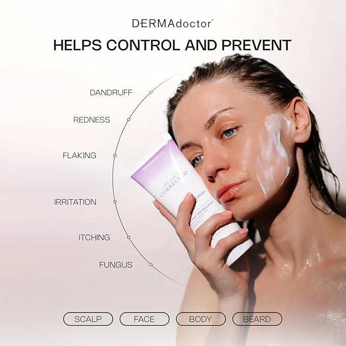 DERMAdoctor Seborrheic Dermatitis Face Wash – 2% Pyrithione Zinc Shampoo Dermatologist Formulated Dandruff Scalp Treatment – Pyrithione Zinc Face Wash and Body Cleanser for Sensitive Skin – 7.10 oz