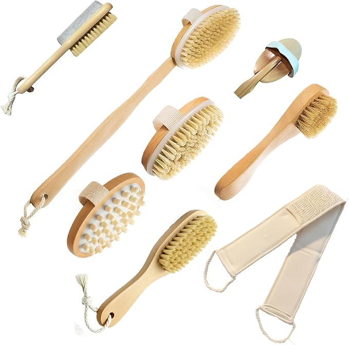 Premium Dry Brushing Body Brush Set, Natural Body Brush Wood Long Handle with Dual-Purpose Brush, Bullet Head Massager,Sisal Bath Bar,Stone Brush, Boar Bristle Face Cleansing Brush for A Glowing Skin